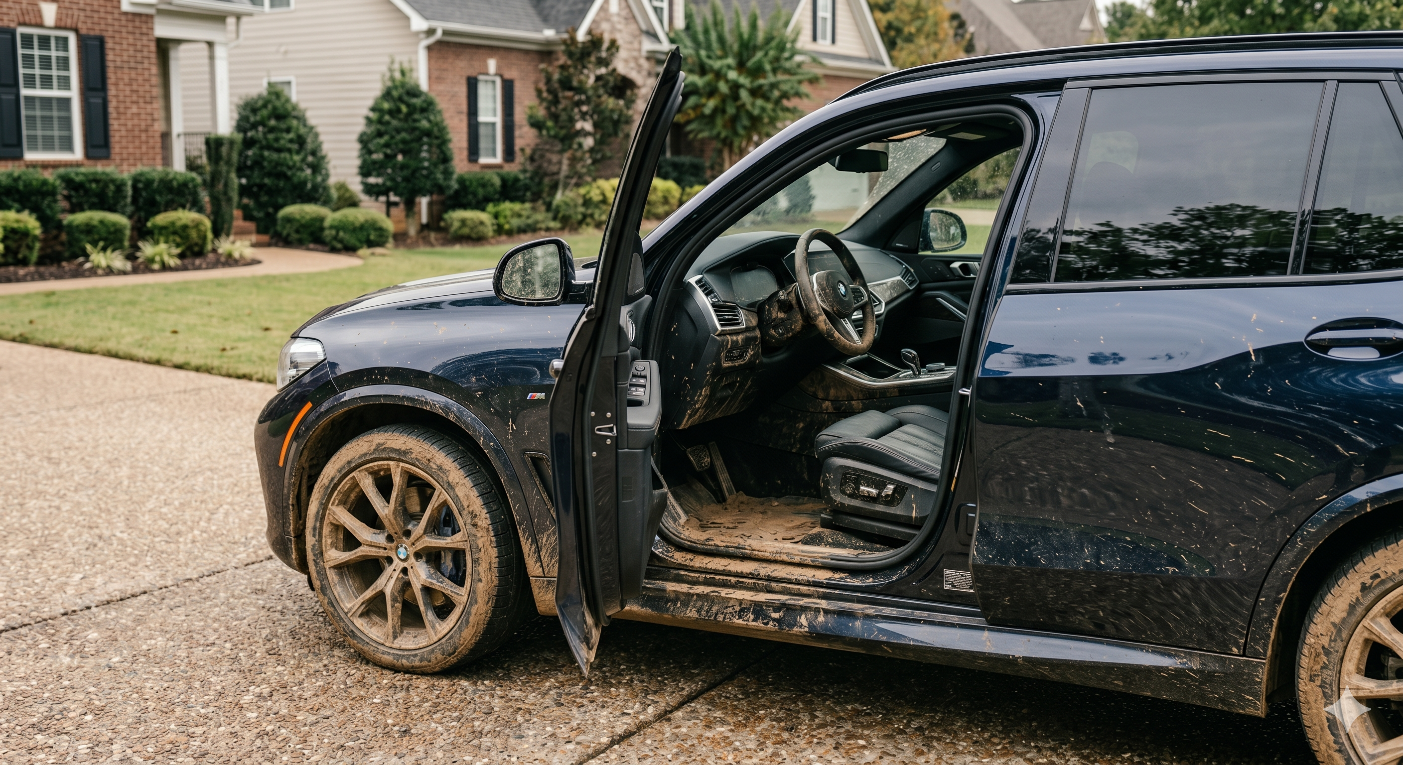Dirty car exterior covered in dust and road grime before Kaizen Clean Care wash