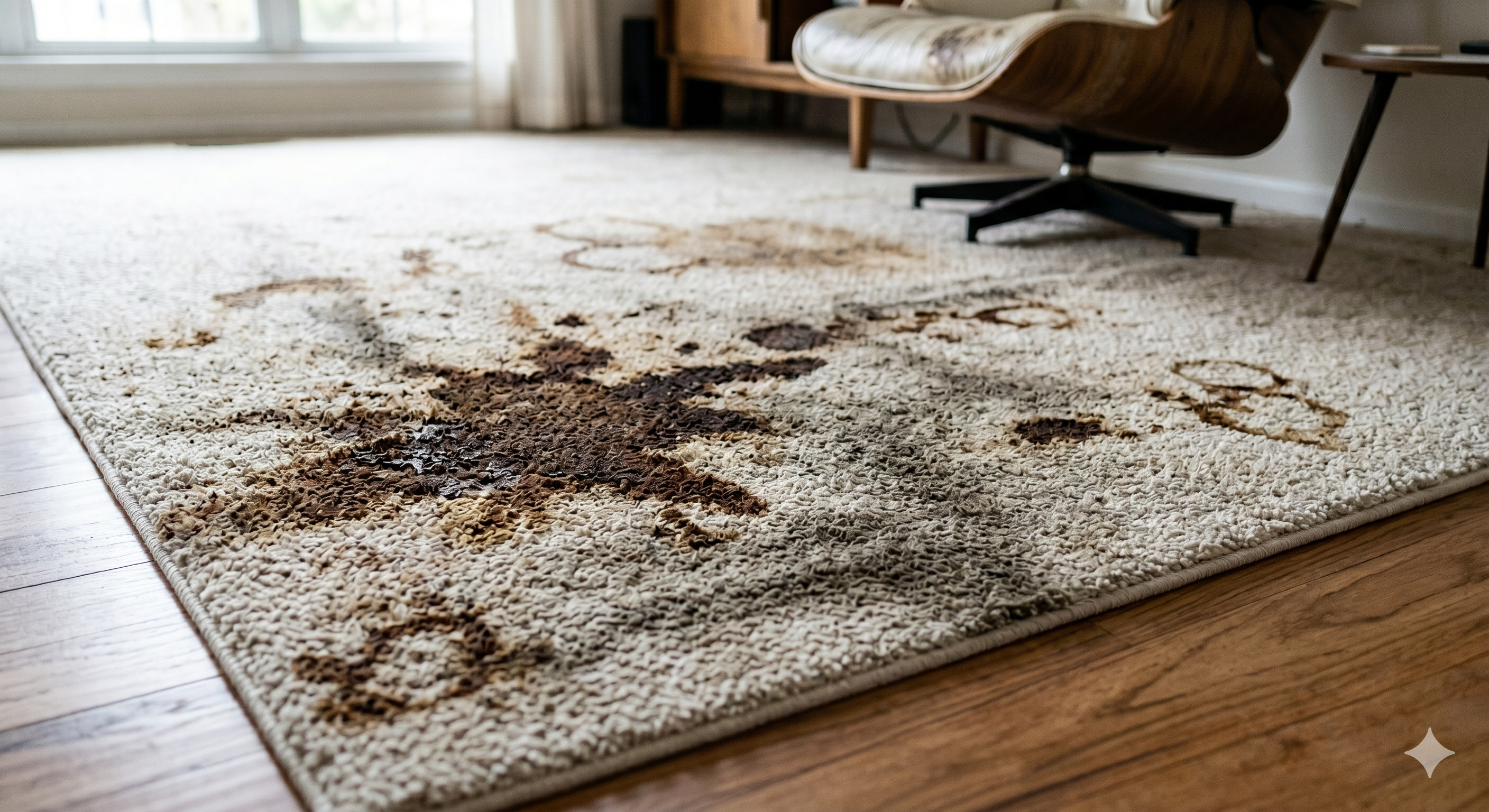 Heavily stained carpet with traffic patterns before professional deep cleaning