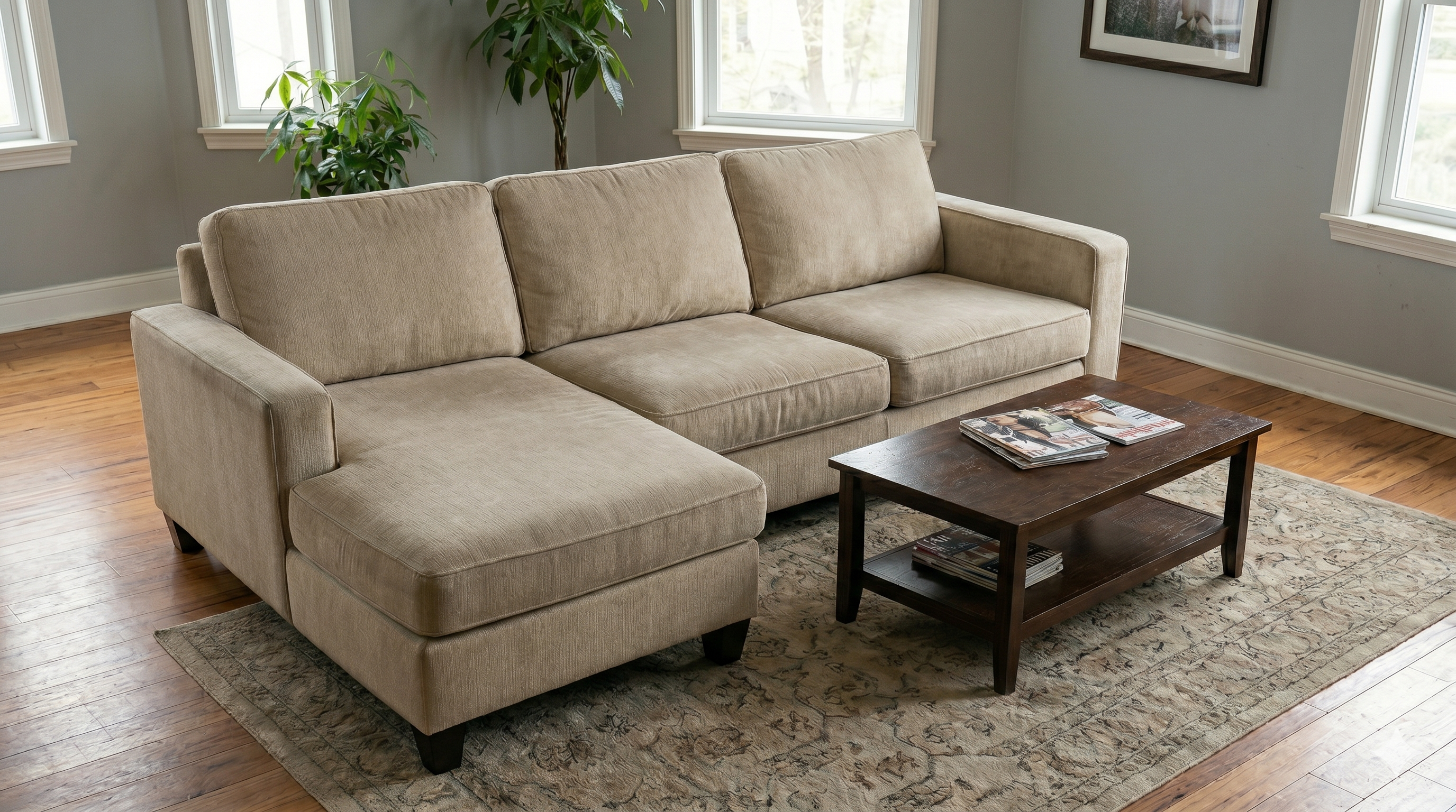 Sofa restored to like-new condition after deep upholstery cleaning