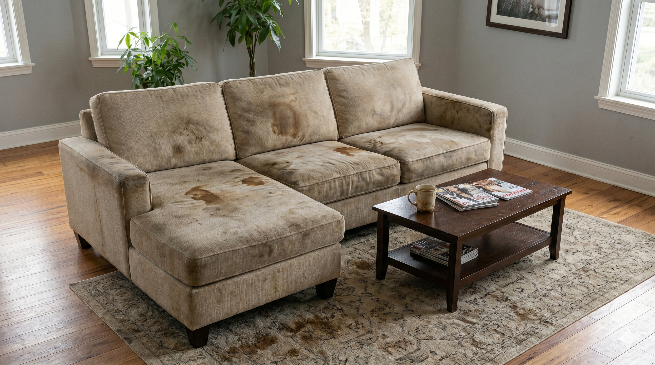Stained sofa before professional deep cleaning by Kaizen Clean Care